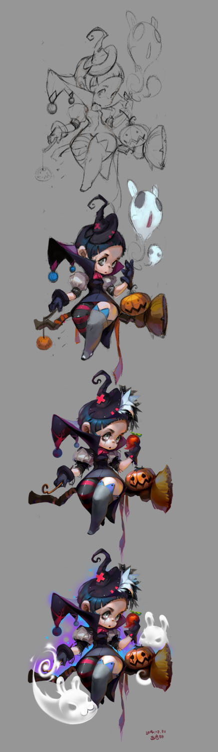 this image is a digital illustration of a cute witch flying on a broomstick. she is wearing a black dress, a witch hat, and has a mischievous smile on her face. there are two ghosts in the background, one to the left and one to the right. the image is set against a gray background, and is drawn in a cartoon style.