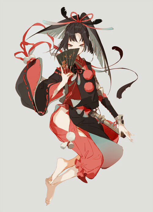 the image showcases a digitally painted anime girl, dressed in a stylized red and black outfit with japanese influences. she's caught midair, suggesting a jump or flight, holding a black and gold fan in one hand and the hilt of a sword in the other. her dynamic pose and flowing attire add to the actionfantasy feel of the artwork.  the color scheme is vibrant with reds and accented by blacks, lending a dramatic touch.