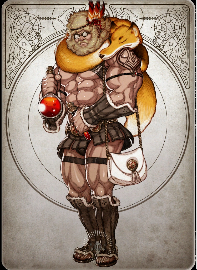 the image shows a muscular, bearded man with a fox draped around his shoulders. he wears a kilt and sandals, and carries a potion bottle and a small purse. the style is reminiscent of fantasy art.