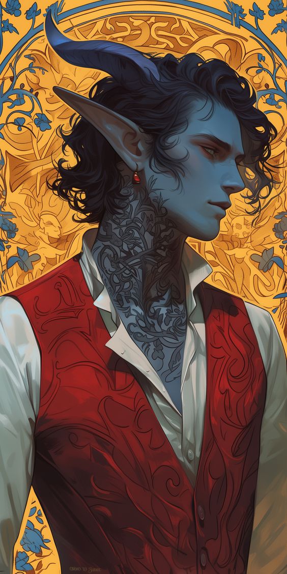 a digital illustration of a fantasy character that is a humanoid with blue skin, horns, and elf ears. he is wearing a red vest with a white shirt, and has blue eyes and a tattoo on his neck and chest. he has a red earring in his left ear, and is set against a yellow and gold background.