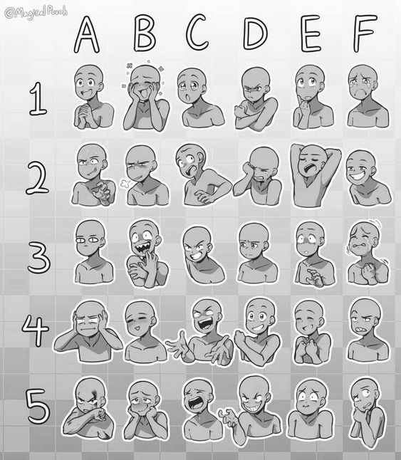 the image is a black and white drawing meme containing various cartoon expressions of a male character. each row represents a different emotion and each column a different intensity. it is intended to be used as an art reference for drawing various facial expressions.