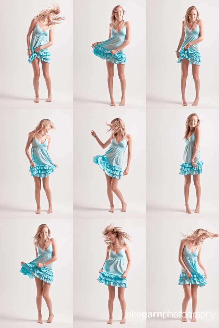 a collage of nine images shows a teenage girl in a light blue dress dancing against a white studio background. the images capture her in various dynamic poses, highlighting the movement and flow of the dress. the lighting is soft and even, creating a bright and airy atmosphere.