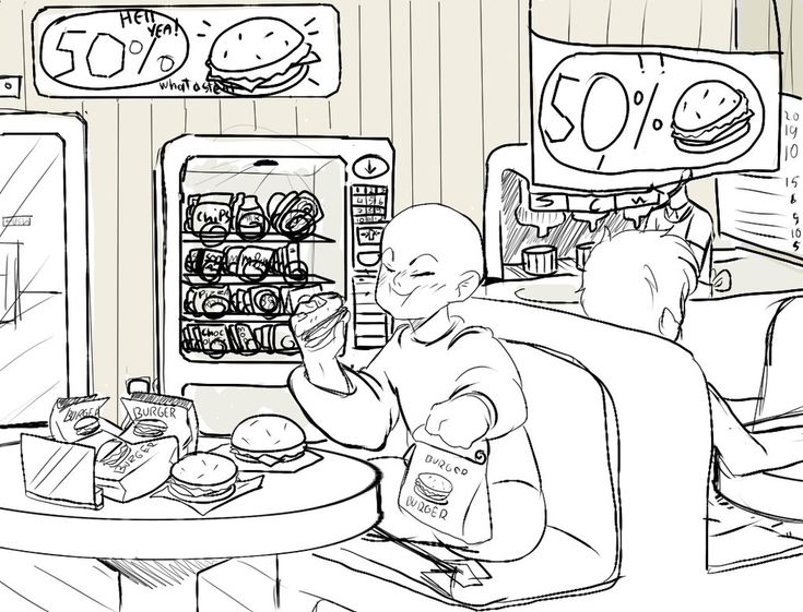the image shows a scene from a restaurant, with a person sitting at a table and eating a burger. another person is seated behind them, with a drink dispenser in the background. there is a vending machine full of snacks in the background, with a sign above it that says "50% off." this image has a lighthearted, fun tone and seems to focus on the joy of eating out.
