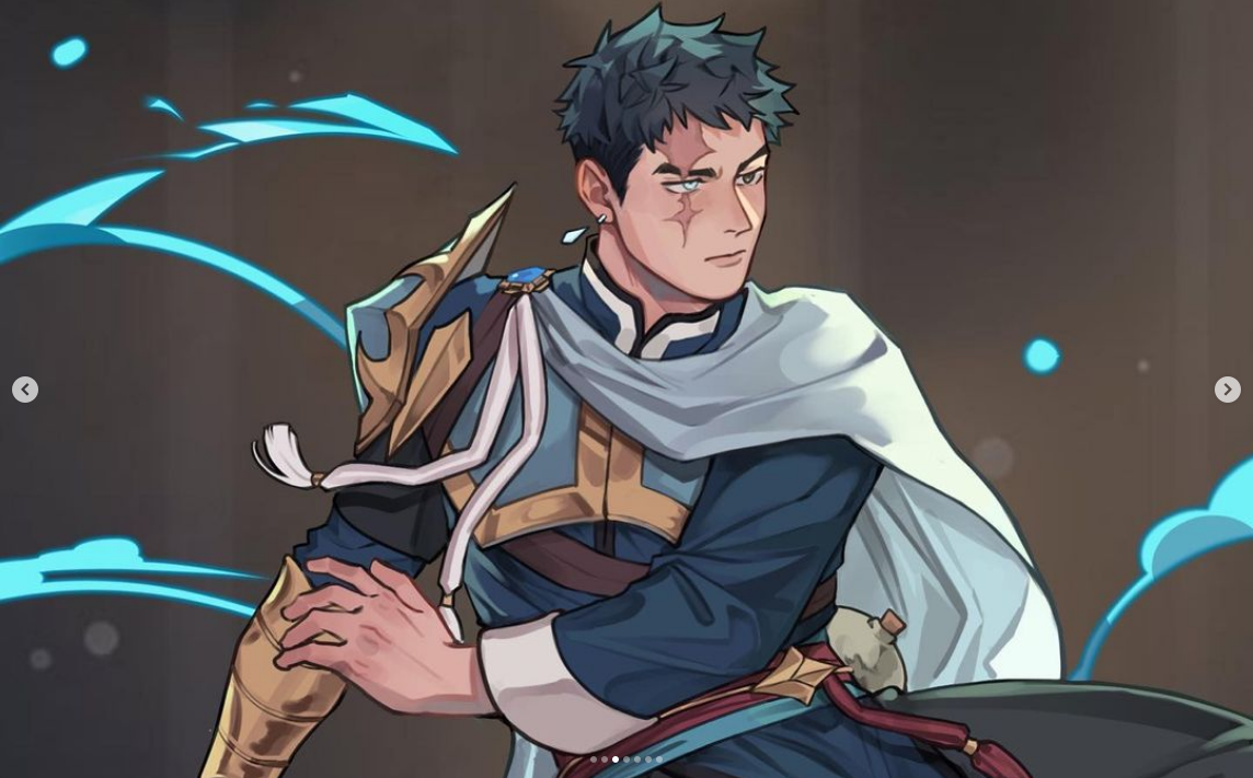 a digital painting of a young man with short, dark hair and a scar over his left eye. he wears blue and gold armor with a white cape and has a determined expression on his face. swirls of light blue energy surround him, suggesting magic. the background is a dark, undefined space.