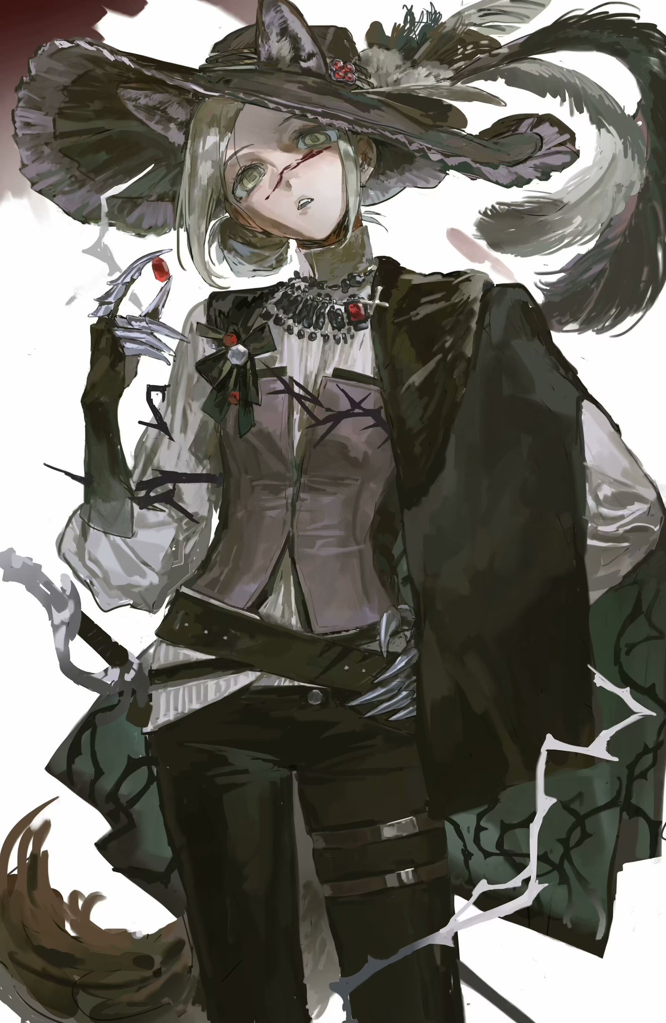 a digital drawing of an anime woman. she is wearing a black hat with a large brim, a white shirt, a black vest with white trim, black pants with a black belt, and black gloves.  she is holding a sword in her left hand and has a red gem necklace.