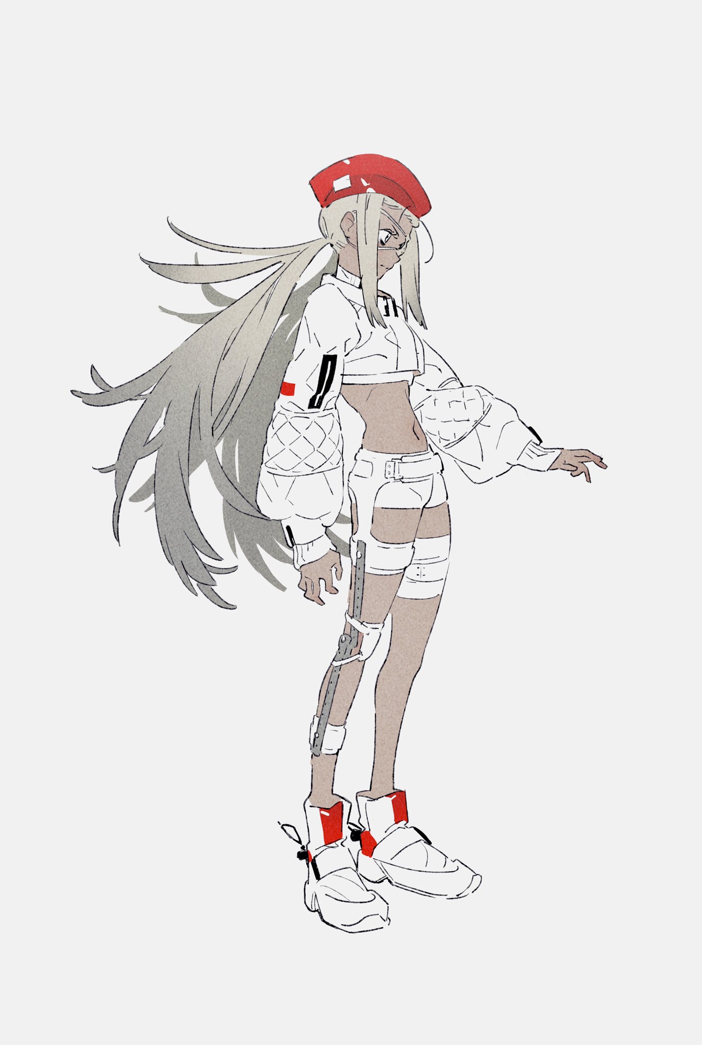 a stylized, digitally sketched image of a young woman with very long white hair, wearing a white crop top, white shorts, and a red beret, set against a plain white background. her outfit incorporates futuristic and cyberpunk elements, and she has bandages on her legs and arm. the drawing style is loose and expressive, with visible pencil strokes and shading.