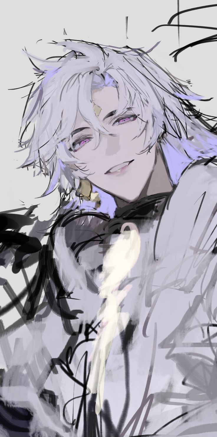 the image is a digital painting or illustration of an animestyle male character. he has long, white hair and purple eyes, and is shown from the chest up.  he has a subtle smirk on his face. his style of clothing is partially obscured by a painterly, abstract style of background that is a mix of grayscale, soft pastel purple, and darker areas suggesting clothing or shadows. the artistic style is loose and expressive, using bold lines and strokes to create a dynamic and somewhat mysterious feel. the character's face is detailed, while the background and clothing are more impressionistic. the overall effect is a stylish and attractive portrait of a character that exudes a sense of confidence and perhaps mischief.