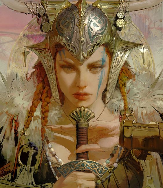 a striking portrait of a female warrior, adorned in elaborate armor and a feathered headdress. her gaze is resolute and determined, her hand resting firmly on the hilt of her sword. the warm, soft lighting and rich color palette enhance the overall sense of power and presence.