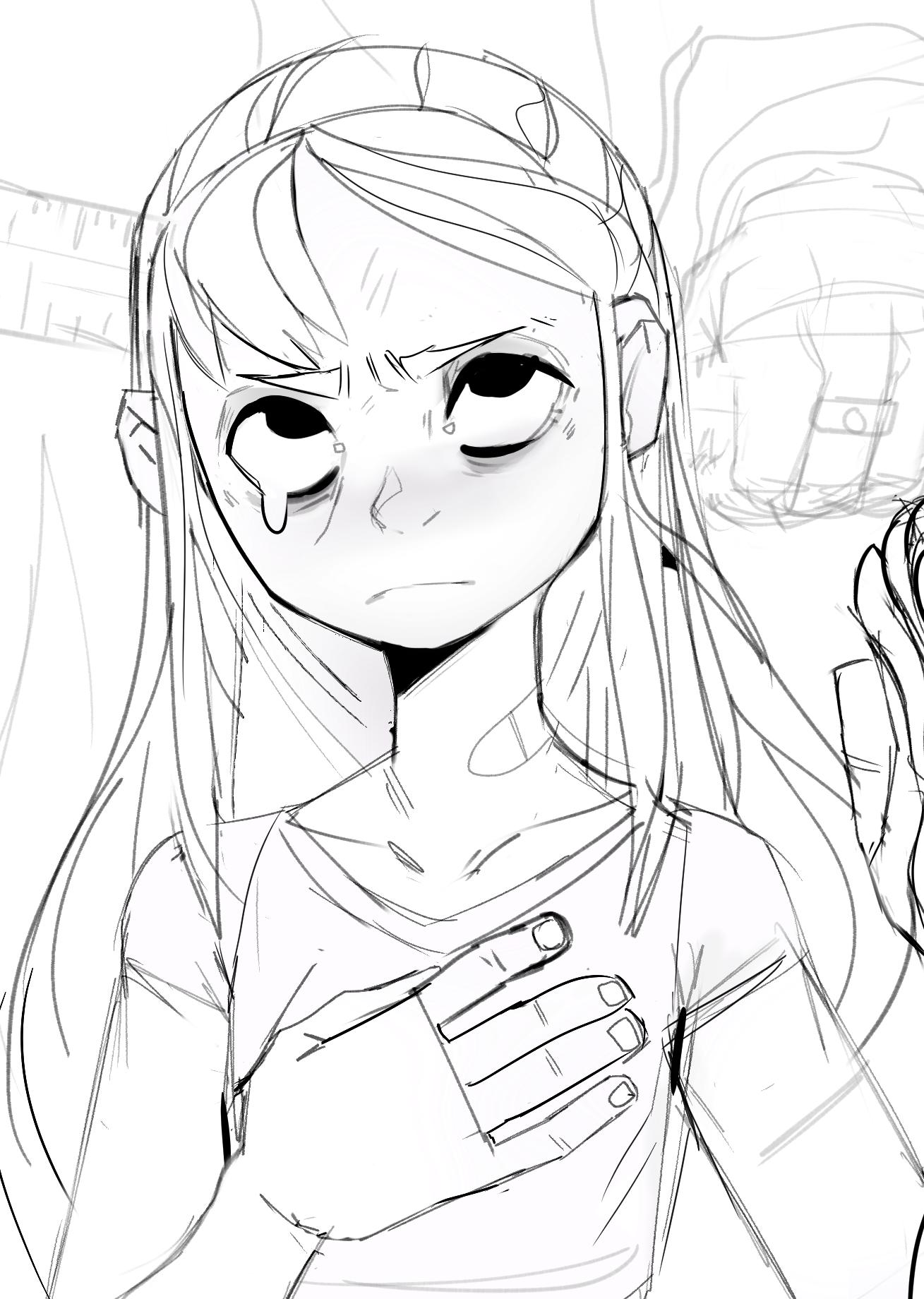 a hand reaches out towards a crying girl. she has a hand on her chest as if she's in pain.