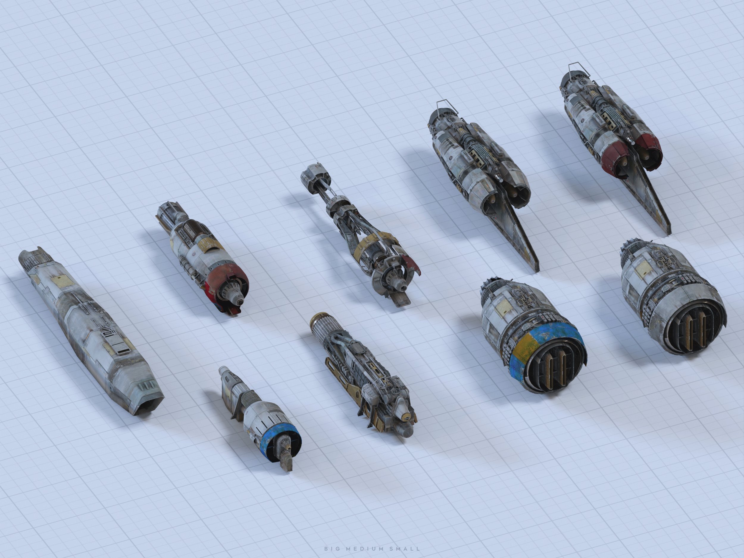 the image shows a topdown, isometric view of a collection of ten miniature spaceships, likely 3d renderings. they are arranged on a gridded white background, showcasing different sizes and designs.  the ships have a worn, vintage appearance, and vary in length and shape. some ships have features that resemble engines and cockpits.  there's a caption at the bottom indicating size classifications: "big medium small." the overall aesthetic suggests a science fiction setting, possibly within the star wars universe given the designs.