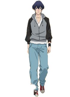 a young man with short blue hair and red and white sneakers is standing with his hands in his pockets.  he is wearing a black and gray hoodie, light blue jeans and a white tshirt.  the style of the illustration is japanese anime/manga.  the background is white.