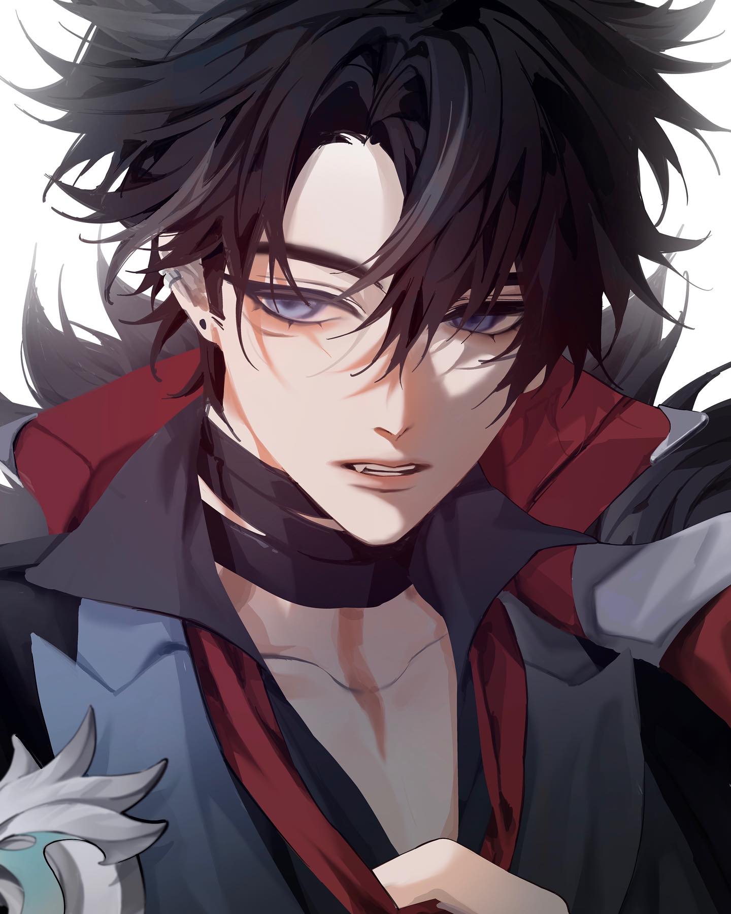 the image is a closeup digital drawing or painting of an animestyle male character. he has dark, slightly messy hair that partially obscures his face, striking purple eyes, and a serious or intense expression.  he's adorned with a dark choker and is wearing a stylish outfit featuring combinations of dark and deep red colors with lighter blue or grey accents.  the art style is sleek and stylized with soft shading that creates a sense of depth and drama. the overall mood is mysterious and elegant. the background is plain, drawing focus solely on the character.