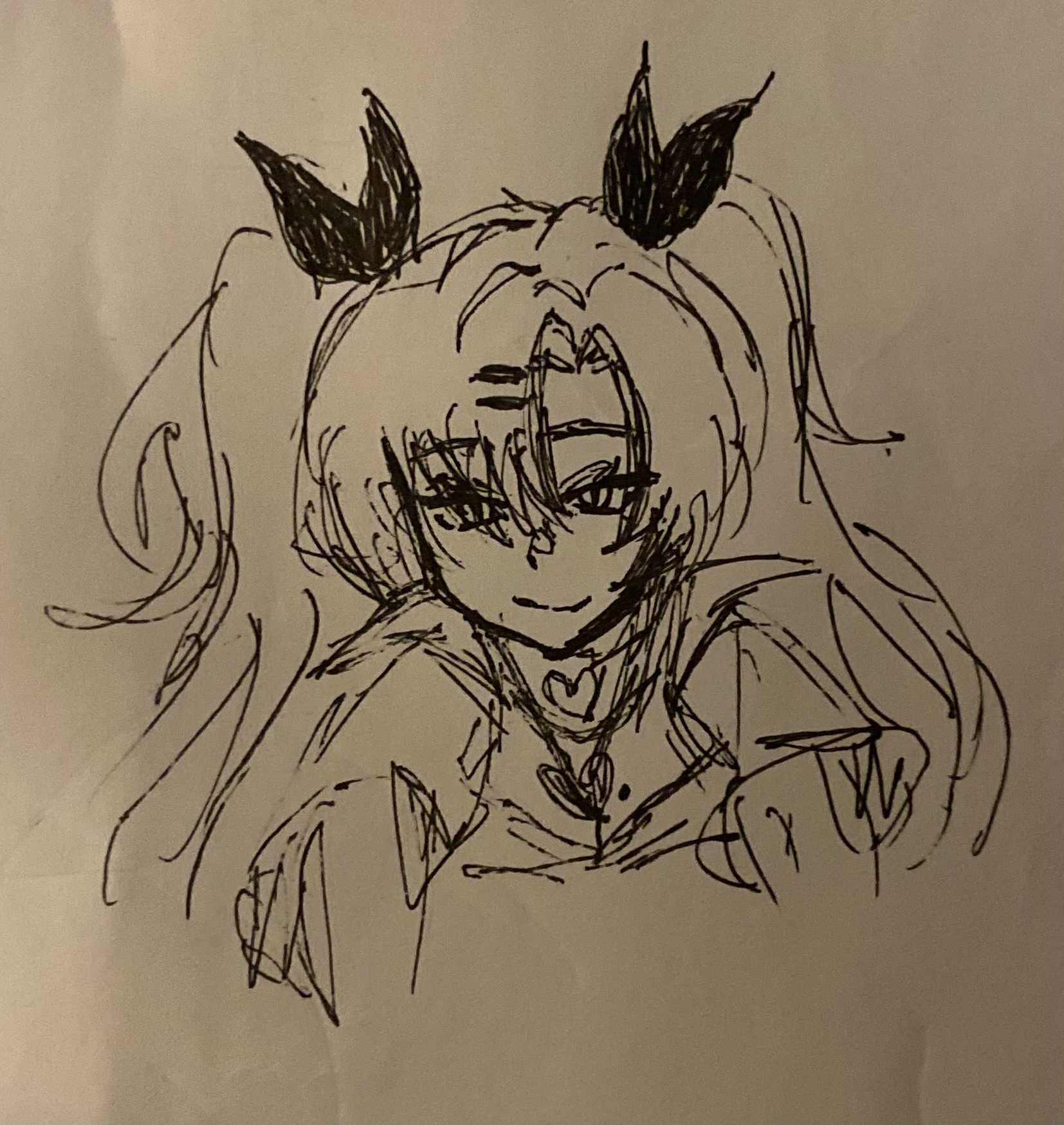 he image is a handdrawn sketch of an animestyle girl. she has long hair styled in pigtails with black devil horns, and her expression is calm. the style of the drawing is casual and slightly messy, with quick, loose strokes. the drawing is done in black ink on white paper. the girl is wearing a simple collared shirt and a heartshaped necklace.