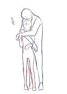 a line art drawing of a couple hugging. the man is on the outside and the woman is on the inside of the hug. they are drawn in a simple and gestural style, with no facial features. the man's body is drawn in blue, and the woman's body is drawn in red. the lines are drawn in a loose and flowing style, creating a sense of intimacy and tenderness.