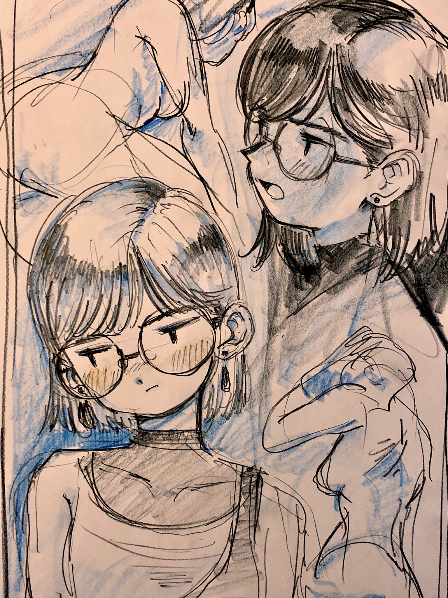 the image is a black and white sketch of a woman. the woman is wearing glasses and has her hair pulled back. there are also some other sketches of body parts around the main figure.