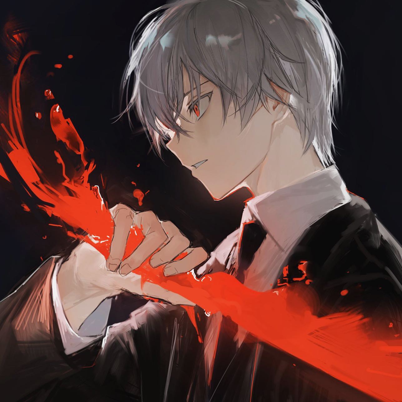 the image is a stylized digital painting or illustration of an animestyle boy with short, silver hair. he's dressed in a dark suit and tie, his expression serious and intense.  a vibrant red, bloodlike substance flows from his hand, creating a dramatic and somewhat violent visual effect. the background is dark and moody, enhancing the overall mysterious and powerful atmosphere. the art style is characteristic of modern anime and manga illustration, with emphasis on dramatic lighting and emotional expression.