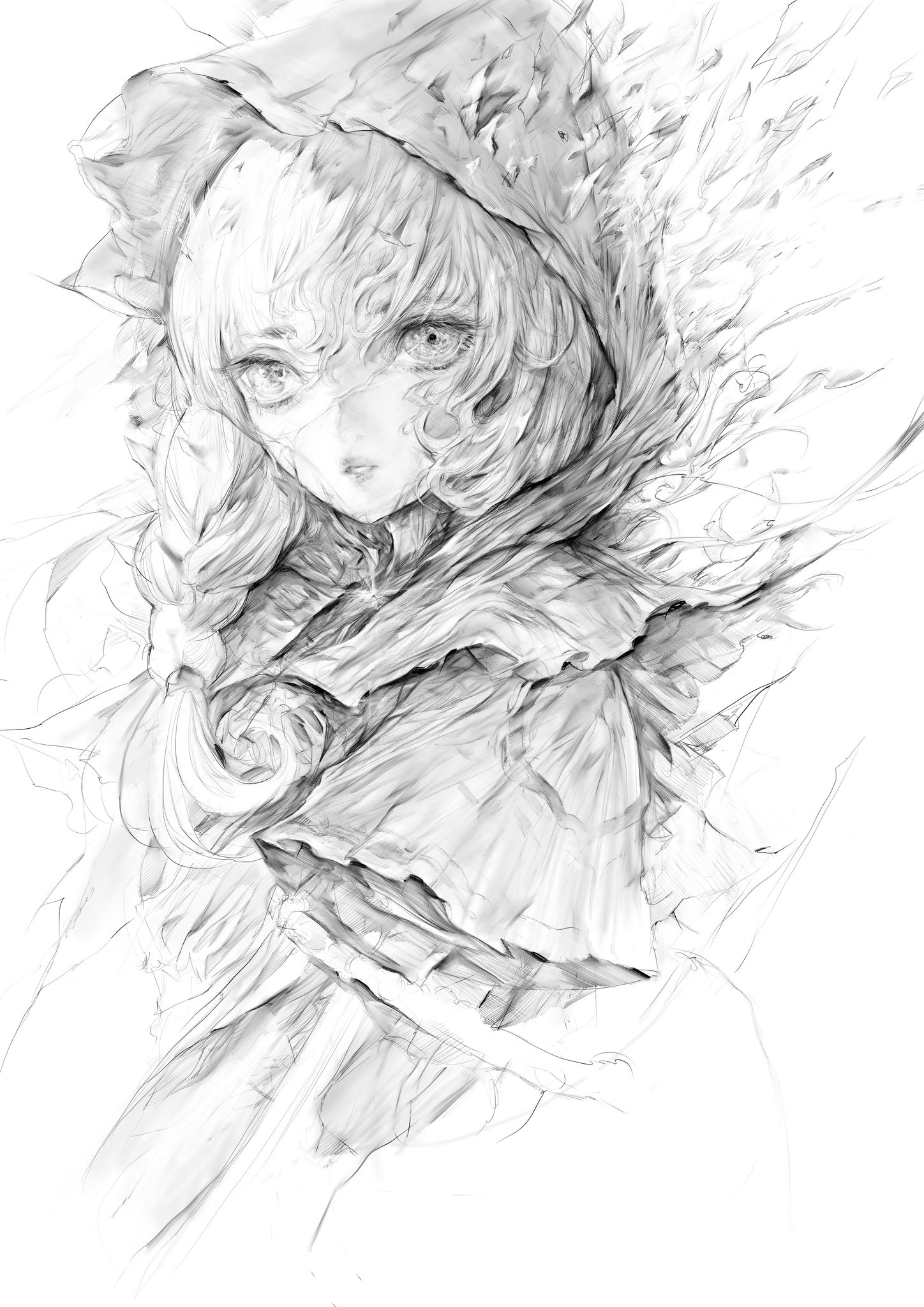 a beautifully detailed pencil sketch of a young anime girl wearing a hooded cloak. the drawing style is delicate and intricate, with a focus on the girl's expressive eyes and flowing hair. the background is left largely undefined, adding to the ethereal quality of the image.