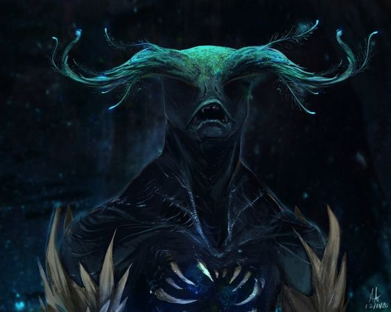 the image showcases a fantasy creature, bathed in an ethereal, dark, and moody light. it has a humanoid form with glowing blue antlers or horns that seem to blend with the surrounding darkness. the creature's eyes glow with the same eerie light, and its expression is menacing.  the background is dark and mysterious, hinting at a hidden, mystical world. the overall atmosphere is one of  dark fantasy and otherworldly power.