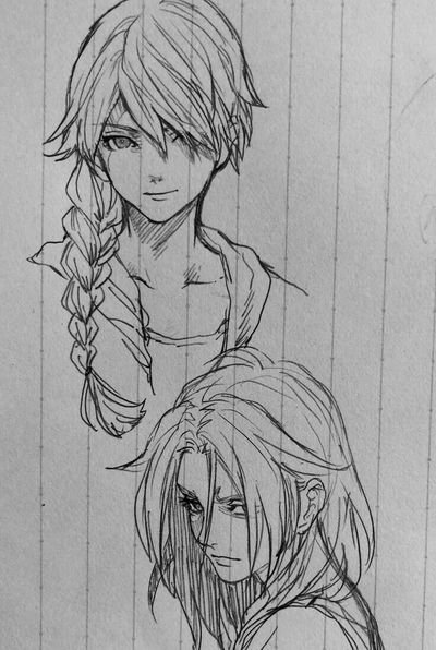 a pencil sketch of two characters, seemingly anime or manga inspired. the top character has a long braid and a serene expression, while the bottom character has long hair covering their face and a more sullen expression.