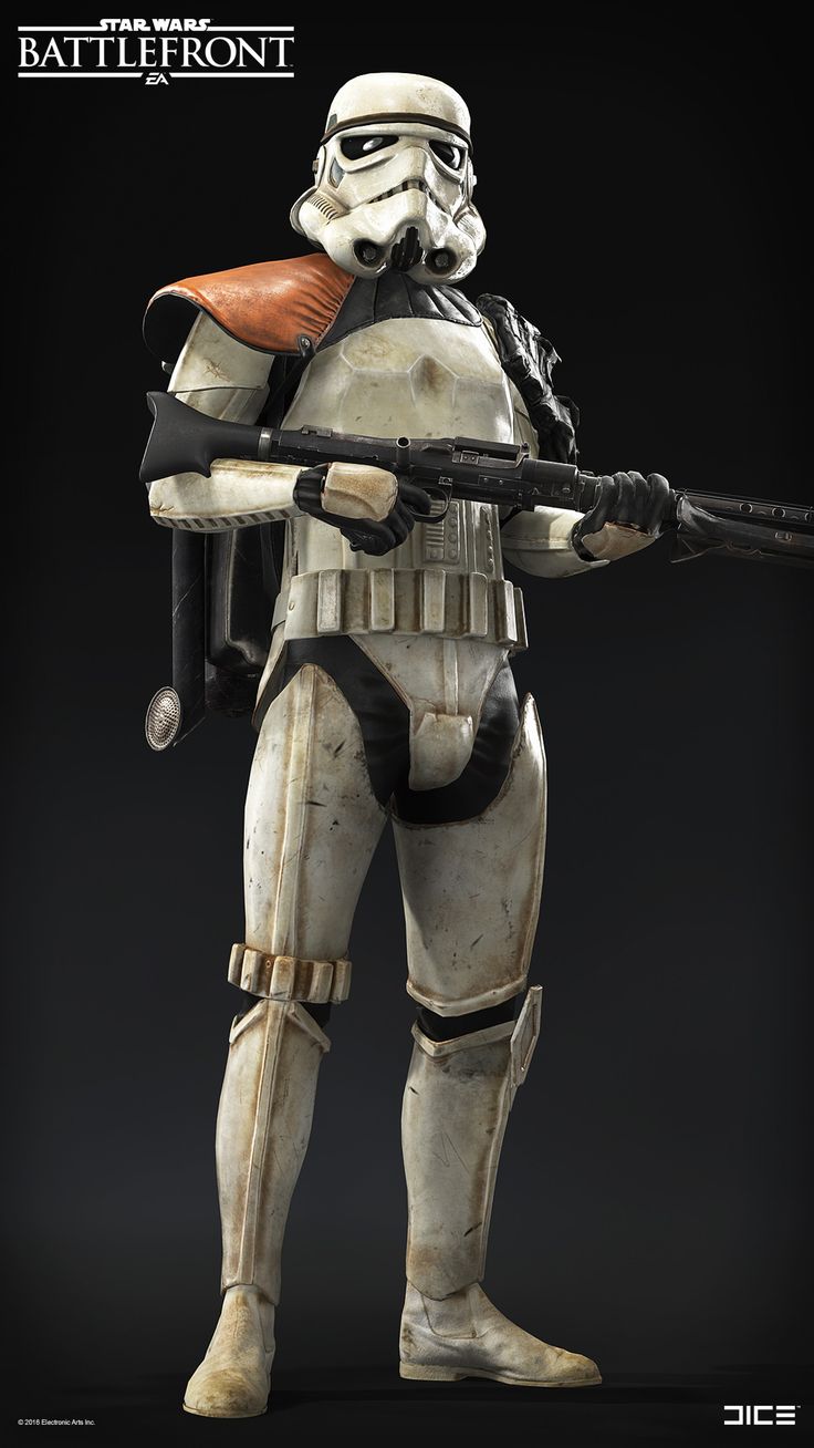 a stormtrooper from the star wars: battlefront video game.  he's standing with a blaster in his hands, wearing his helmet. the background is dark.