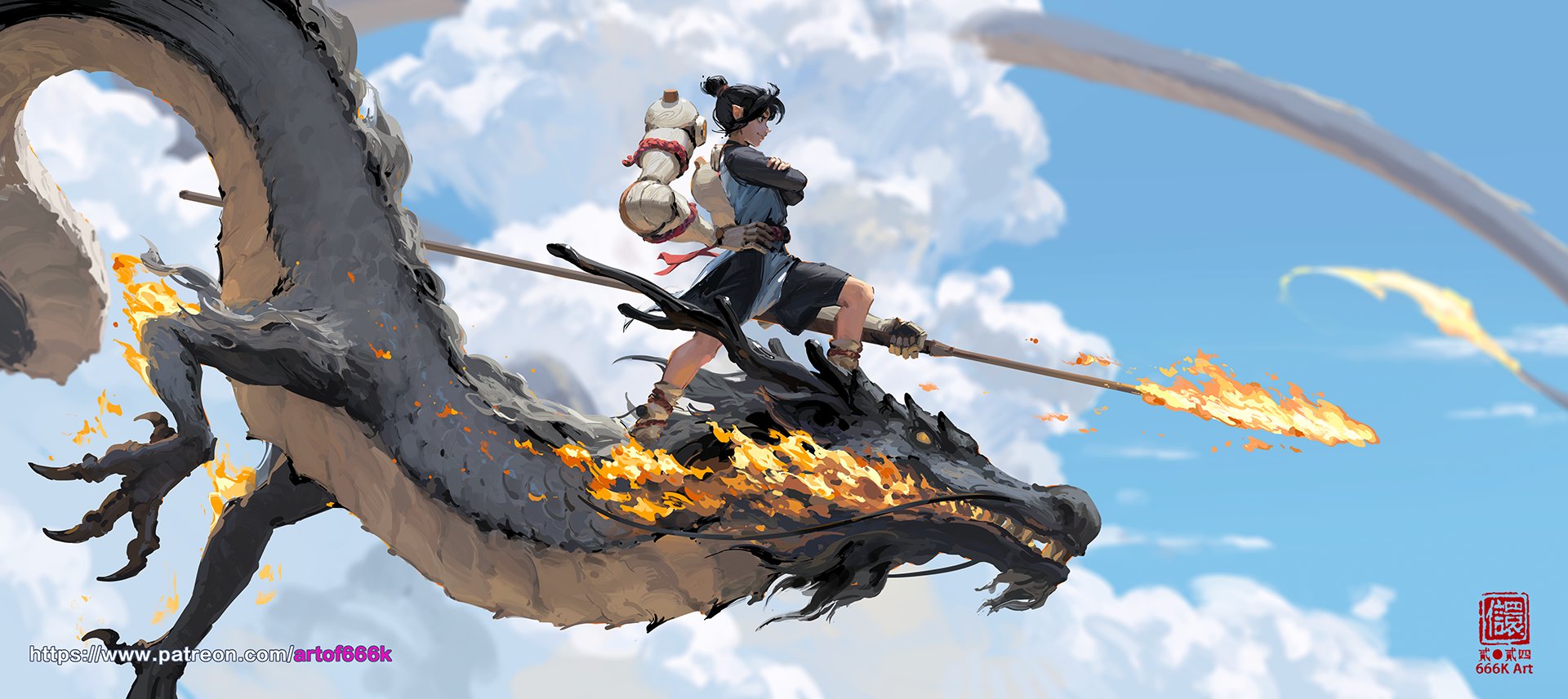 the image is a digital painting depicting a young woman with dark hair pulled back in a bun, riding a large, grey dragon. the dragon is partially engulfed in flames, and the woman holds a long spear that is also emitting flames. they are flying high above a landscape of fluffy white clouds against a clear blue sky. the style is vibrant and dynamic, with a blend of fantasy and oriental elements. the overall mood is adventurous and epic.  a watermark is present in the bottom right corner.