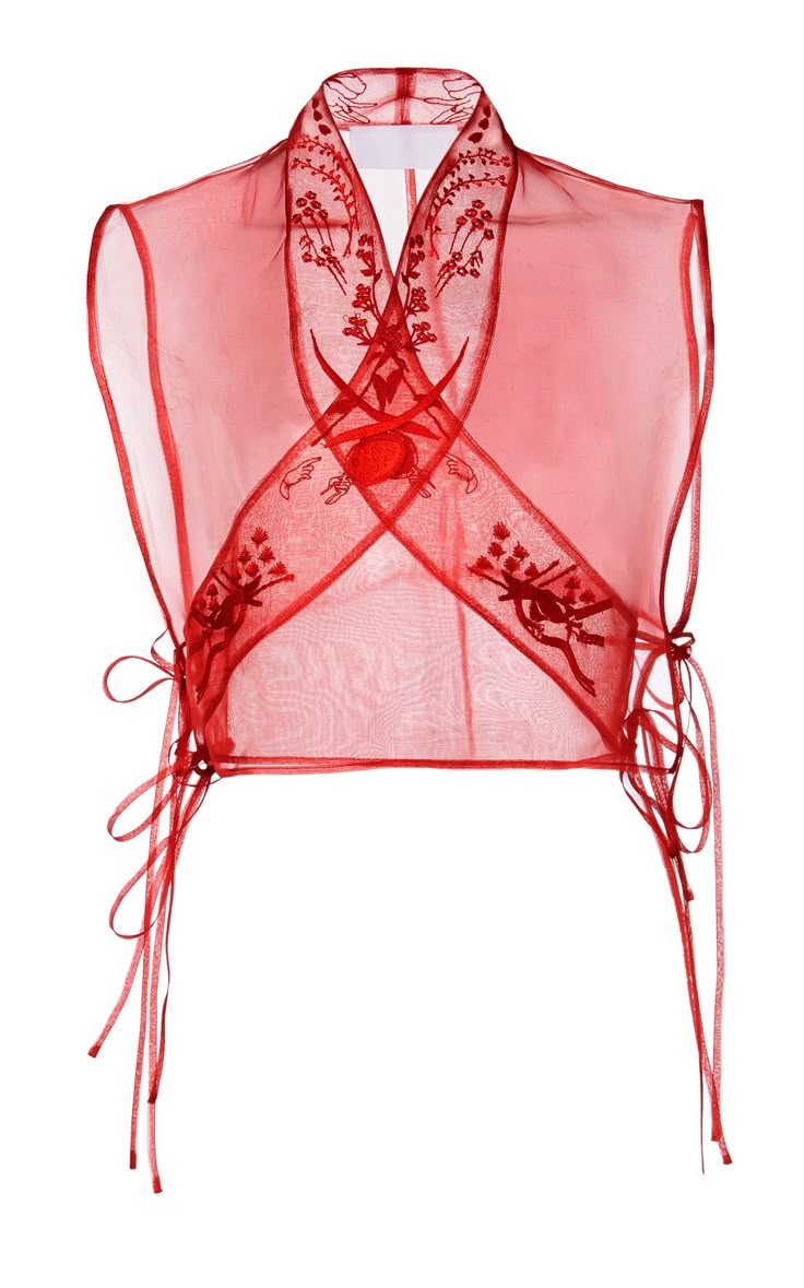a red sheer blouse with embroidery, tie closures, and an orientalinspired design. it is sleeveless and cropped.