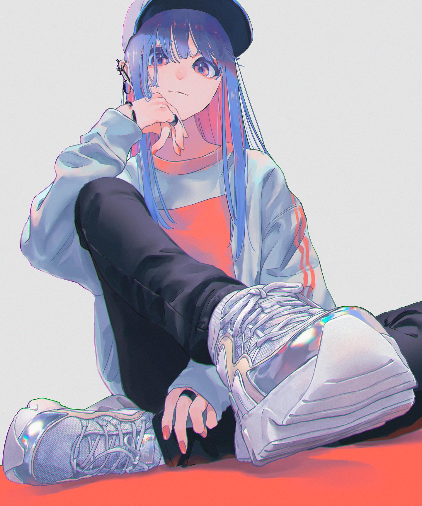the image is a digital painting of a stylish anime girl. she has long, bright blue hair, is wearing a light grey sweatshirt with red accents and black pants, a baseball cap, chunky iridescent sneakers, and several small accessories.  she's sitting with one leg crossed over the other, hand resting thoughtfully near her face. the art style is characterized by soft, pastel colors and a slightly dreamy or ethereal quality. the overall mood is relaxed yet confident.
