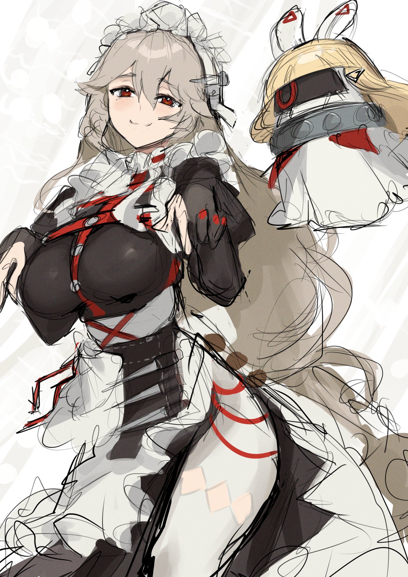 this is a digital art illustration of a young woman wearing a maid outfit. she is holding a sword and has long, flowing hair. she looks like she is in the middle of a magical attack. there is another figure behind her. this is a fantasy inspired piece.