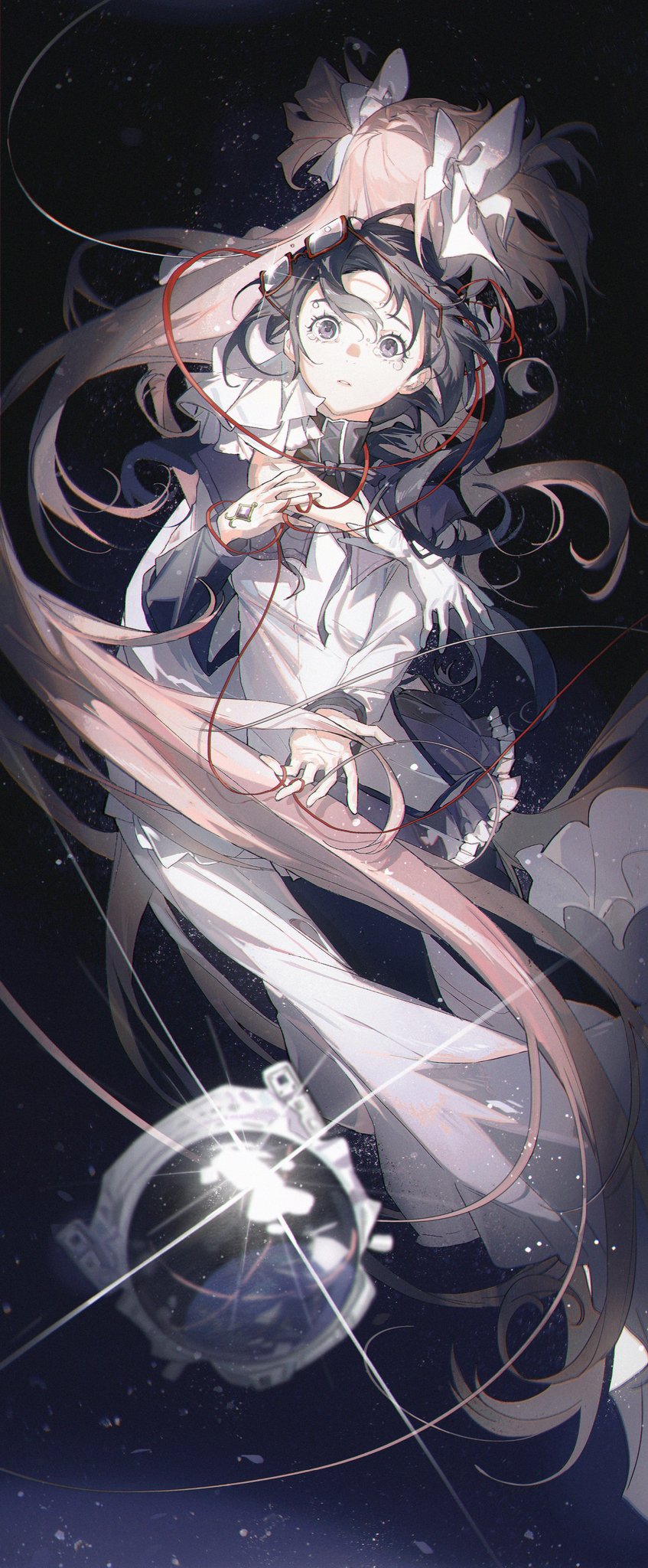 a young anime girl with long pink hair and a white dress is floating in space. she is surrounded by stars and a nebula. her long hair is flowing behind her like a comet. there is a large, round object behind her, possibly an astronaut helmet or a spaceship.  she has a look of awe on her face.