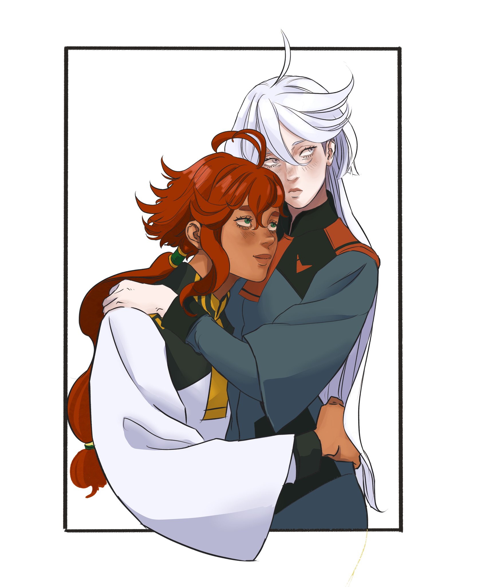 a drawing of suletta mercury hugging miorine rembran from the anime gundam: the witch from mercury. suletta has red hair, a darker skin tone, and is wearing a white uniform. miorine has white hair, a light skin tone, and is wearing a dark blue uniform with orange details. the drawing is framed by a black border.