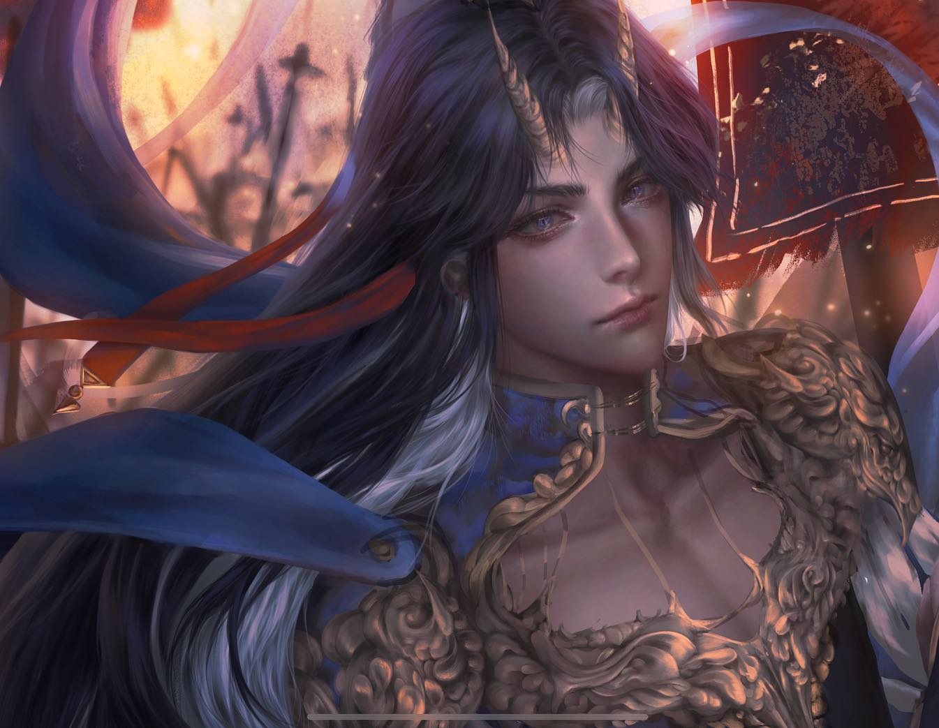 the image showcases a captivating portrait of a young man with distinct demon features, including subtle horns peeking through his long, flowing dark hair streaked with white. he possesses striking light purple eyes that draw the viewer in. his attire is a captivating blend of intricate blue and gold fabrics, suggesting an air of elegance and otherworldly charm. the background hints at an outdoor setting, possibly a sunset, with warm, soft lighting that enhances the ethereal atmosphere. the closeup perspective and the subject's direct gaze create a sense of intimacy and connection with the viewer.