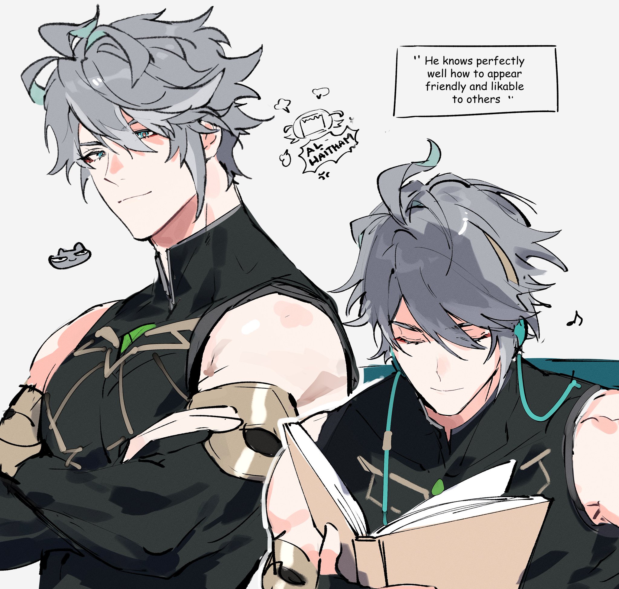 this is a drawing of two male characters from genshin impact. the character on the left is al haitham, a tall man with long, silver hair and sharp eyes. he is wearing a black outfit with gold accents. he is standing with his arms crossed, looking at the viewer. the character on the right is a young man with long, silver hair and a soft smile. he is wearing a black outfit with green accents, and is reading a book. he is wearing headphones. they both have a very friendly and approachable look. the drawing is done in a manga style and is very welldetailed.