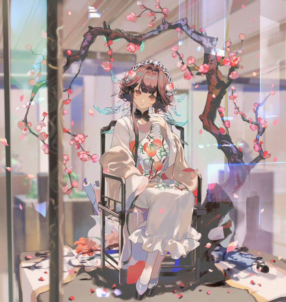 the illustration showcases a young anime woman with long brown hair, adorned with peach blossoms, gracefully seated within a glass display case. she's elegantly dressed in a white and beige traditional outfit, her hands delicately holding a stem of peach blossoms. the scene is filled with soft light, illuminating the vibrant pink blossoms of a nearby tree and casting a serene atmosphere. the glass case reflects the surrounding environment, adding depth and a touch of realism to the illustration.