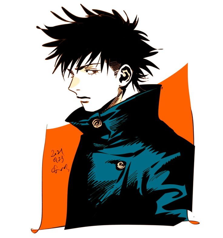 this is a digital drawing of an anime/manga style boy with black hair. he is wearing a blue jacket with a black collar. he is looking to the left and has a serious expression on his face. the background is a bright orange. the drawing has a cool, stylish look to it.