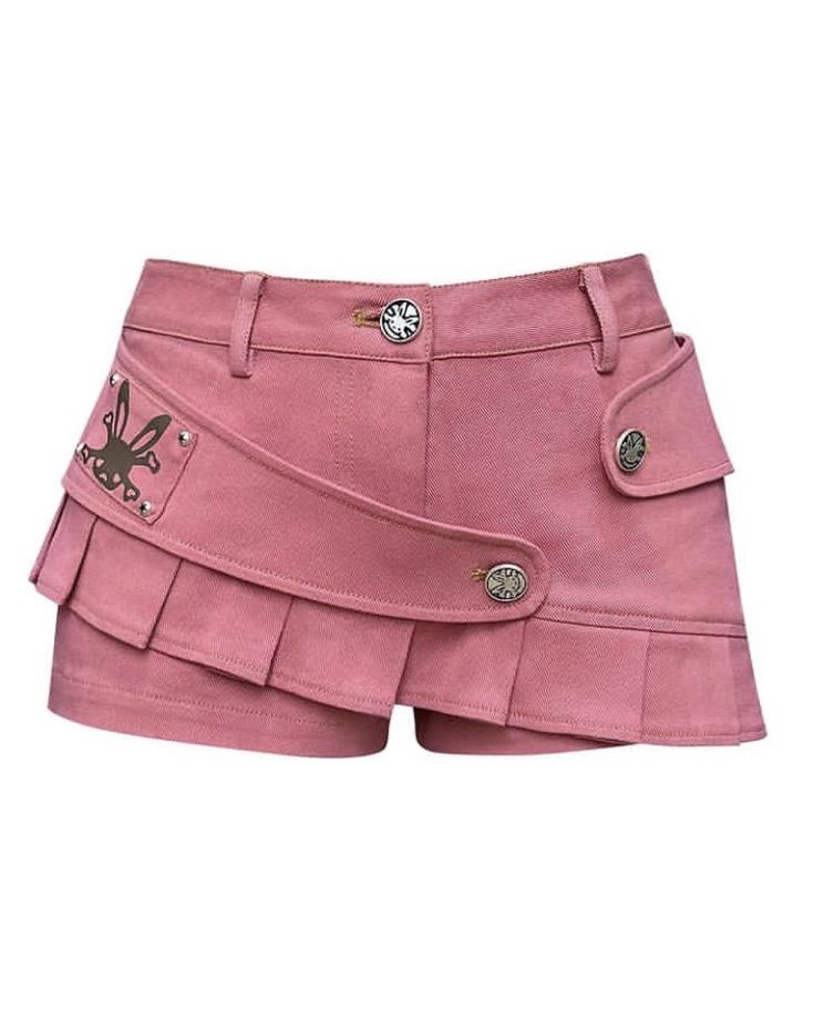 the image shows a pair of pink shorts. the shorts have a unique design with pleats and an asymmetrical overlay. there are decorative buttons and an emblem on the side. the fabric has a soft, suedelike appearance.