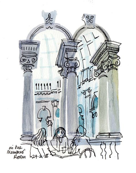 a hand drawn watercolor sketch of a cafe with a view of the interior and people sitting at tables, the sketch is in black and white and shades of blue and gray. it is captioned at the bottom with "in the members room 29.3.15"