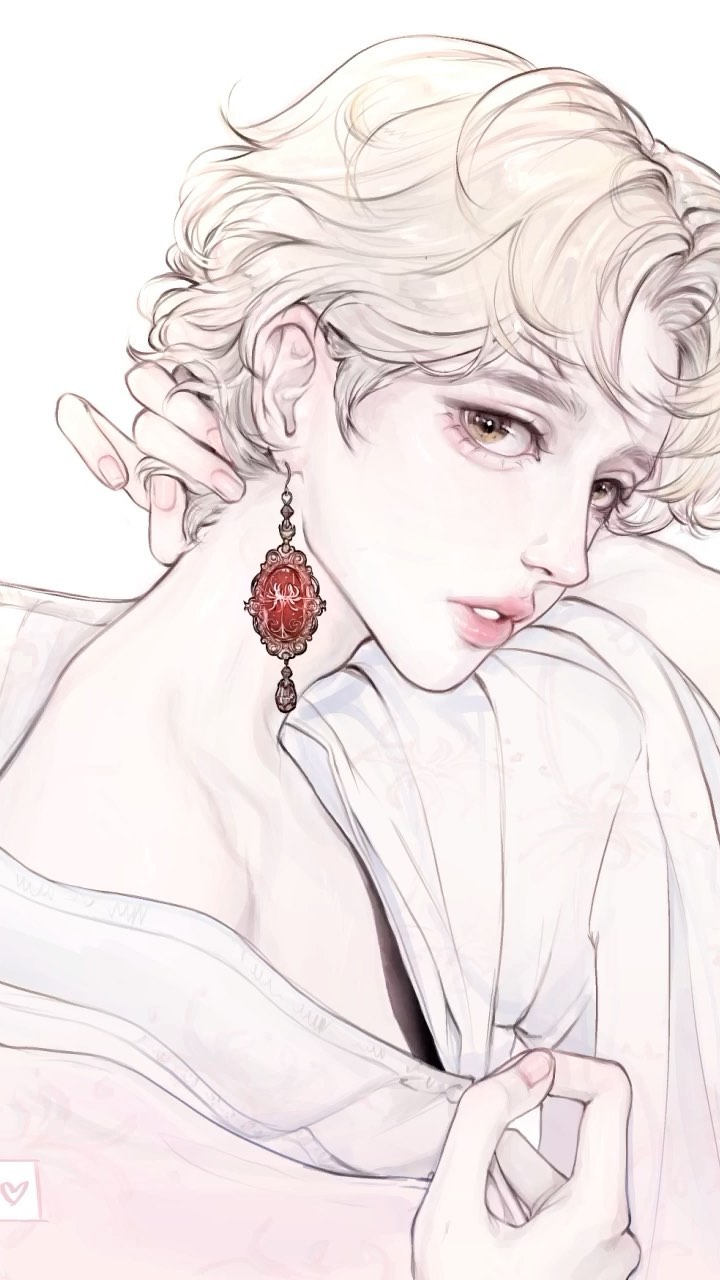 the image is a digital painting or illustration of a young androgynous animestyle character.  the character has long, wavy blond hair styled in a somewhat tousled fashion. they are wearing a simple, lightcolored collared shirt and a single, elaborate earring with a red gemstone pendant. the style is very delicate and soft, with a muted color palette focusing on pale pinks and whites.  the character's expression is calm and serene. the artist's attention to detail is evident in the rendering of the hair, skin texture, and clothing folds. the overall mood is gentle, romantic, and slightly melancholic. the character is depicted in a closeup portrait, their hands gently adjusting their clothing.