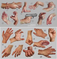 the image shows a collection of hand drawings, depicting different hand positions and angles. the hands are drawn in a realistic style, with detail on the fingers, knuckles, and wrinkles. the drawing is likely a reference or study for artists who want to improve their hand drawing skills.