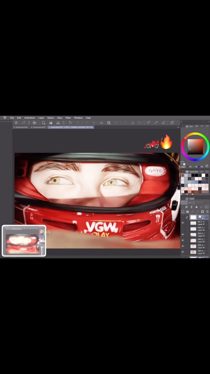 the image shows a screenshot of a computer screen displaying adobe photoshop. the main focus is on a digital painting of a person's eyes peering out from inside a red racing helmet with the logo "vgw play" visible. the photoshop interface is visible, showing various tools, layers, color palettes, and other editing options being used to create the artwork.  a smaller preview image of a similar style image appears in the bottom left.  the overall feel is that of a work in progress for a digital painting of a racing driver.