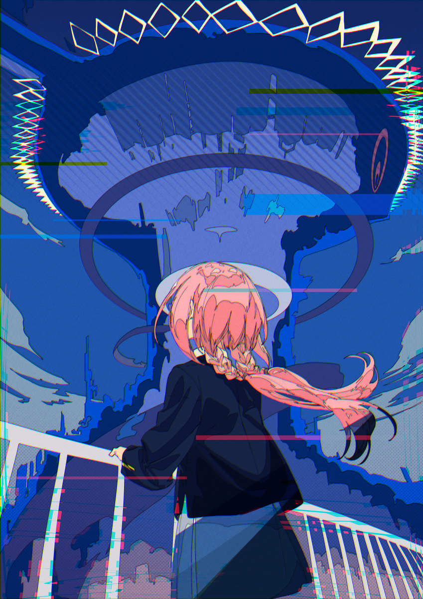 the image is a digital illustration of an anime girl with long pink hair styled in a braid, standing with her back to the viewer on a bridge overlooking a futuristic cityscape.  above her, a large, dark, spaceshiplike object hovers, displaying a significant amount of visual glitch or distortion effects. the overall color scheme is predominantly blue and purple, with vibrant pink accents from the girl's hair. the style is highly stylized, with sharp lines and bold color choices.  the scene evokes a sense of mystery and science fiction, hinting at a possible otherworldly encounter or futuristic dystopia. the glitch effects add a layer of unease and technological instability to the composition.