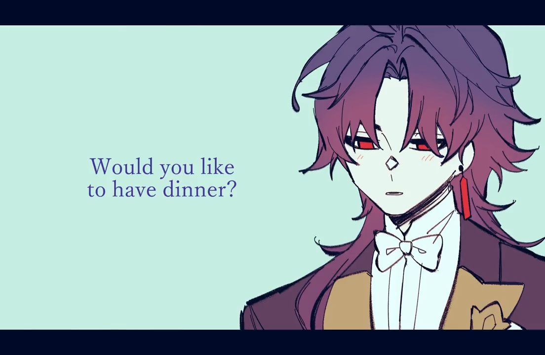 this is an animestyle illustration of a young man with purple hair, red eyes, and a suit. he is blushing and looking at the viewer, as if asking them to have dinner with him. the image has a romantic and elegant feel, and the text "would you like to have dinner?" suggests a date or proposal. the man's appearance, with his suit, bow tie, and earring, is very gentlemanly and formal.