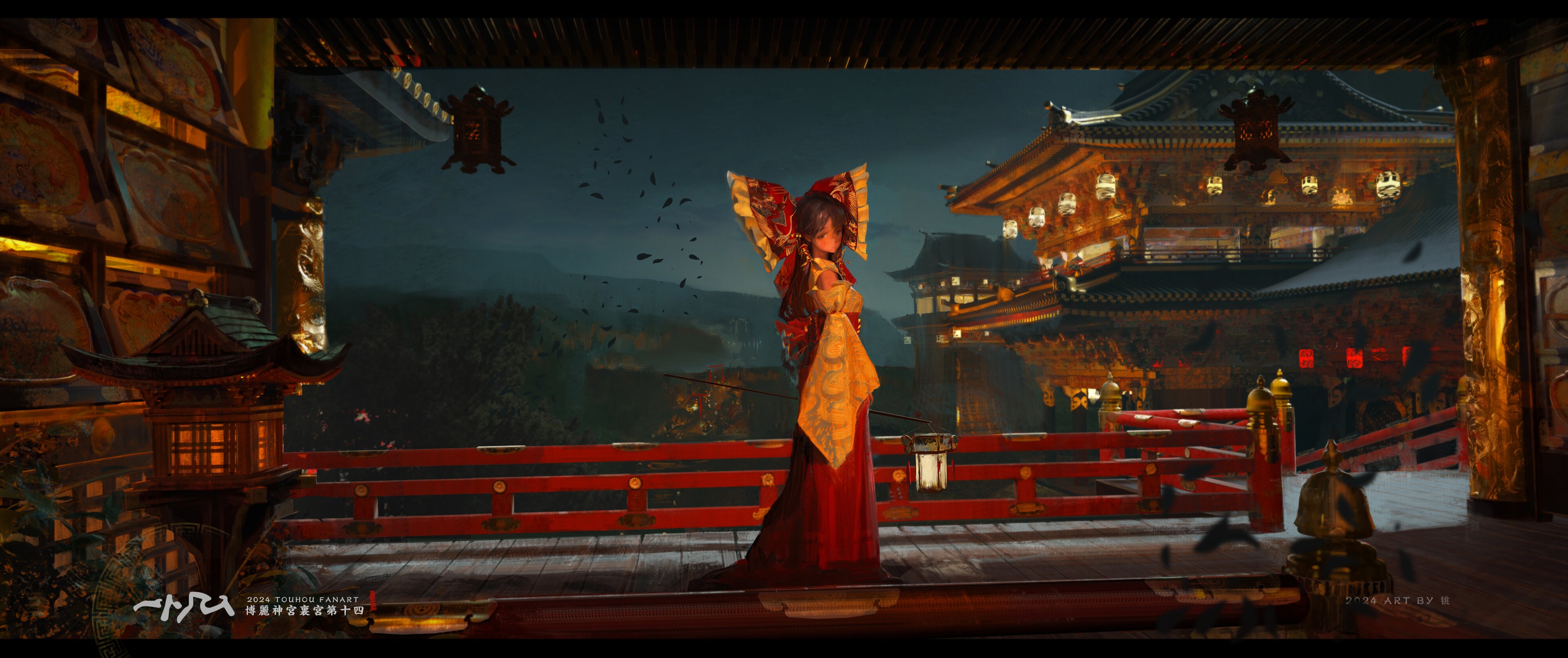 the image showcases a woman in a vibrant red and gold kimono standing on a wooden bridge at night. she is positioned gracefully, her back to the viewer, and seems to be looking towards a grand, illuminated japanese temple complex in the background. the scene is alive with details: traditional lanterns cast a warm glow, black birds flit through the air, and the surrounding architecture speaks to a rich cultural heritage. the overall ambiance is serene and evocative of historical japan.