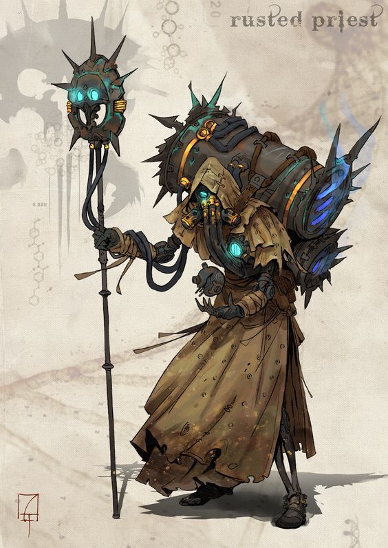 a digital illustration of a robotic priest standing in a desert setting. the priest is clad in tattered robes and wears a mask that obscures its face. glowing blue accents can be seen on the staff, backpack, and mask, hinting at a fusion of technology and spirituality. the art style leans towards a stylized realism, capturing intricate details of the character's attire and suggesting a narrative within a postapocalyptic world.