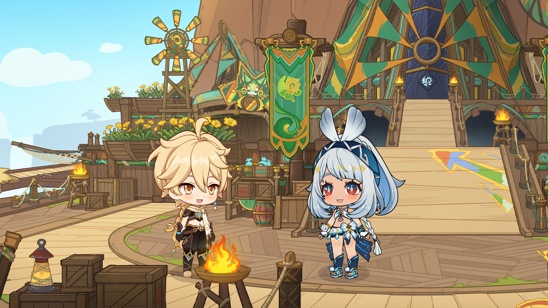 this is a drawing of a male anime character and a female anime character. the male character has blonde hair and a black outfit. he is holding a sword in his hand. the female character has white hair and is wearing a blue and white dress. they are standing in front of a wooden structure. the structure has a thatched roof and colorful banners. there are a few barrels in the background.