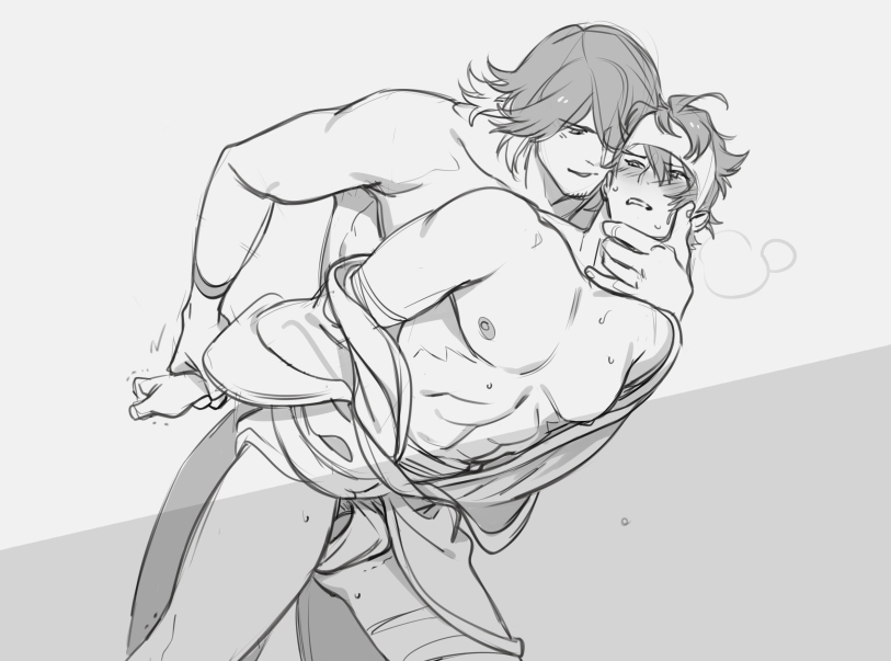 the image is a black and white sketch depicting two shirtless men in a close embrace. the man in the back is larger and muscular, with dark hair and a slightly predatory expression. he is holding the other man around the neck with his right hand. the man in the front is smaller and appears distressed or uncomfortable, possibly blushing. he is partially wrapped in a cloth, exposing his toned torso. the drawing style is suggestive and intimate, possibly depicting a romantic or yaoi scene. the background is plain, emphasizing the figures and their interaction.