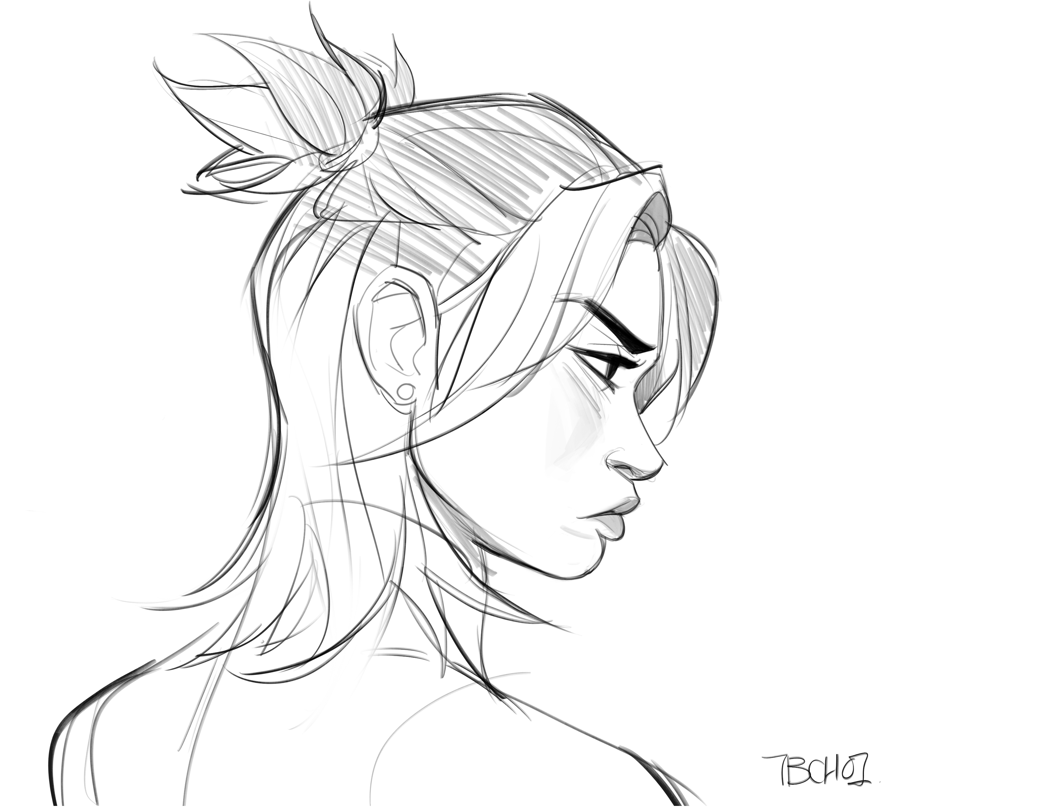 a grayscale pencil sketch of a woman's profile.  her hair is styled in a loose bun or topknot, and she is looking away from the viewer with a serious or contemplative expression. the style is loose and expressive, focusing on capturing the character's mood and features rather than precise detail.  the background is plain white.  the artist's signature or initials "tbcho?" are visible in the bottom right corner.