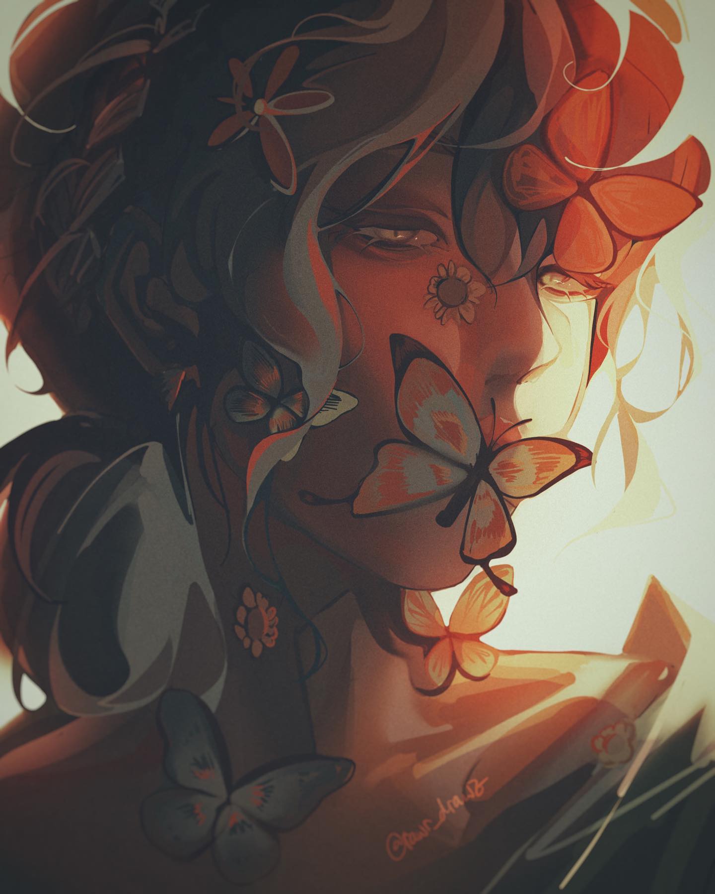 the image is a digital painting or illustration depicting a young woman or animestyle character.  she has long, dark hair adorned with flowers and butterflies.  the butterflies and flowers appear to be partially merged with her hair and skin, giving a surreal and dreamlike quality.  the lighting is warm and soft, suggesting a sunset or dawn.  her expression is somewhat pensive and mysterious. the overall style is artistic and stylized, with a focus on color and texture, creating an ethereal and emotionally evocative scene.  the detail is high, with each butterfly and flower carefully rendered.