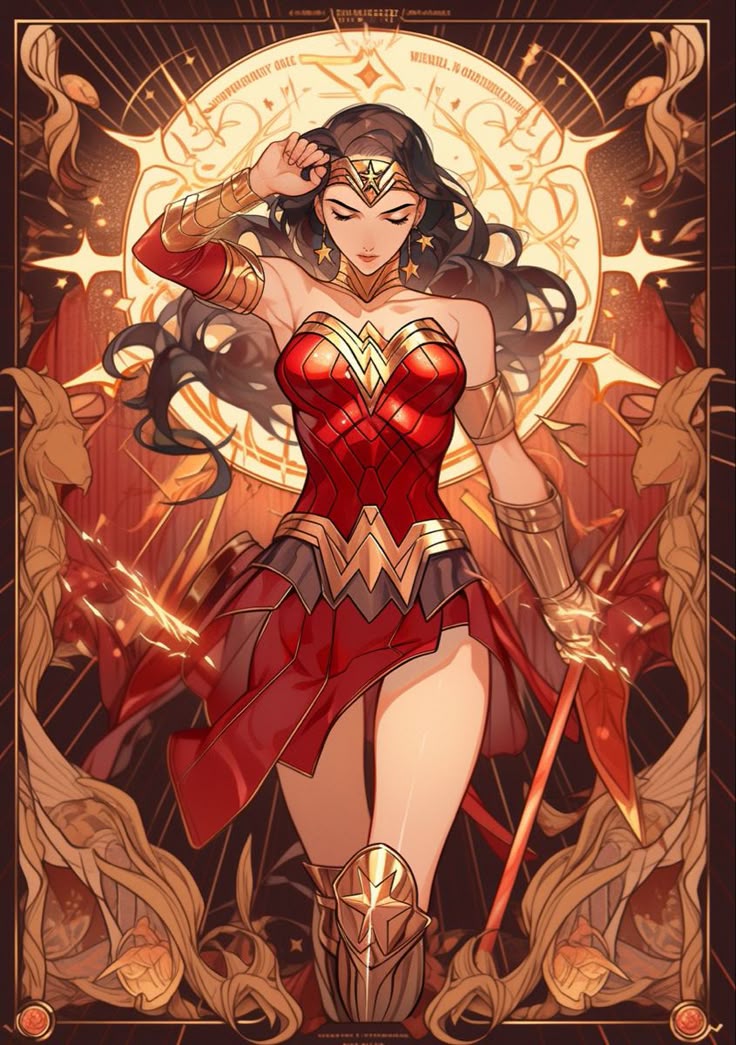 the image showcases a stylized and ornate depiction of wonder woman, a superhero known from comic books. she is wearing her iconic red and gold costume, complete with a headdress, bracelets, and boots. wonder woman stands in a warrior pose, holding a spear. the background is intricately designed with celestial elements and mythical figures, creating a sense of fantasy. the overall artwork has a digital painting style with a focus on strong lines and detailed embellishments.