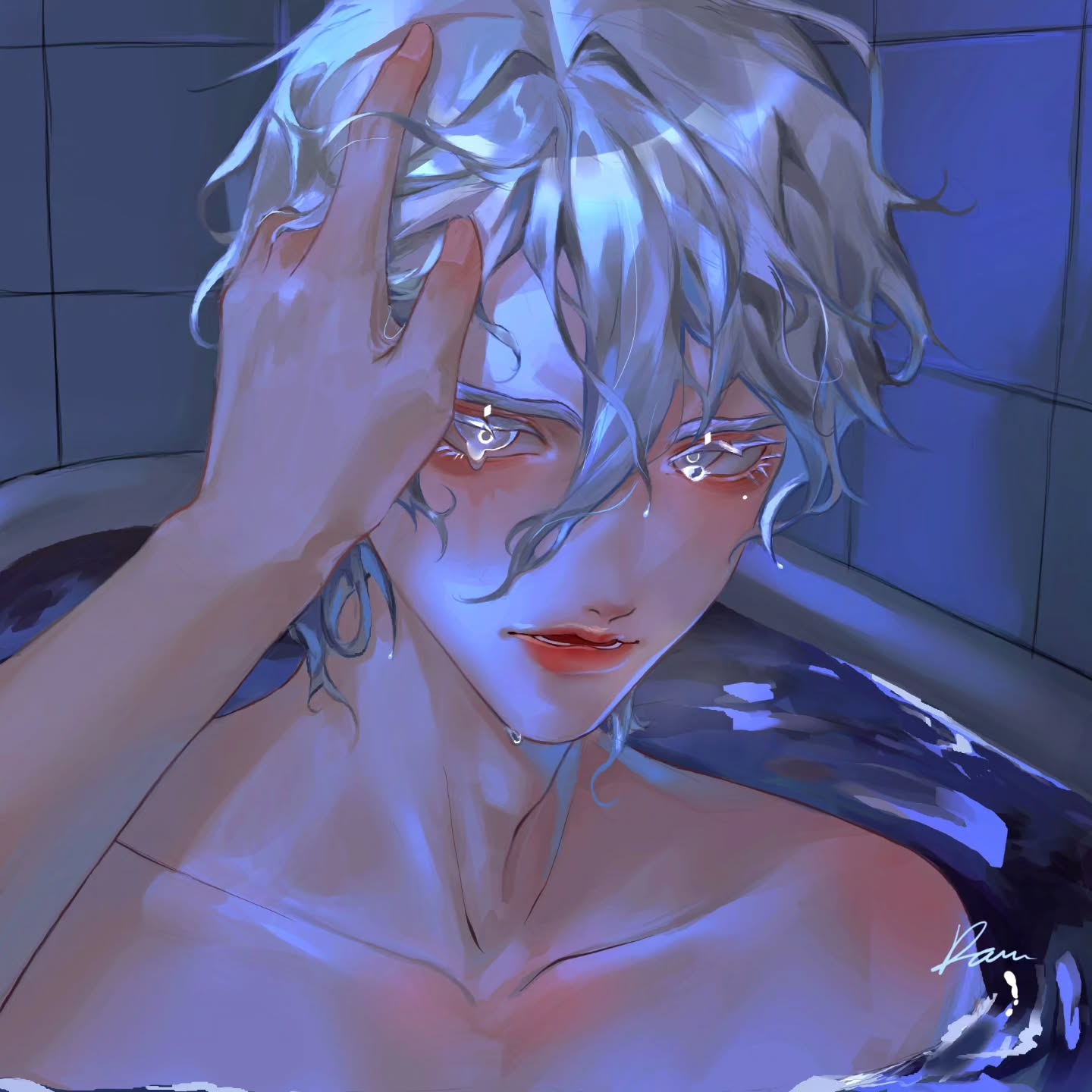 the image is a digital painting or illustration of a young, animestyle male character. he has long, wet, silverwhite hair and is depicted sitting in a bathtub.  he appears to be crying, with tears streaming down his face, and his hand is resting on his forehead. the overall mood is melancholic and emotional.  the lighting is predominantly blue, creating a somber and somewhat romantic atmosphere. the style is highly stylized and painterly, with soft shading and a focus on capturing emotion rather than strict realism. the artwork exhibits a high level of artistic skill.