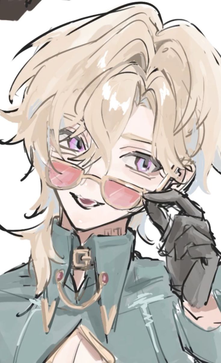 the image is a digital drawing or painting in an anime/manga style. it depicts a closeup portrait of a young person with long, blonde, styled hair and striking purple eyes.  they're wearing a teal or greenishgrey jacket,  a choker necklace with a bucklelike detail and reddish accents, and a pair of stylish pink sunglasses which they are adjusting with one hand, wearing a dark glove on that hand. the art style is loose and painterly, with soft shading and colors that give a light and somewhat ethereal feel. the character has a slightly smirking expression, adding a hint of personality to the portrait. the overall aesthetic is fashionable and slightly edgy.